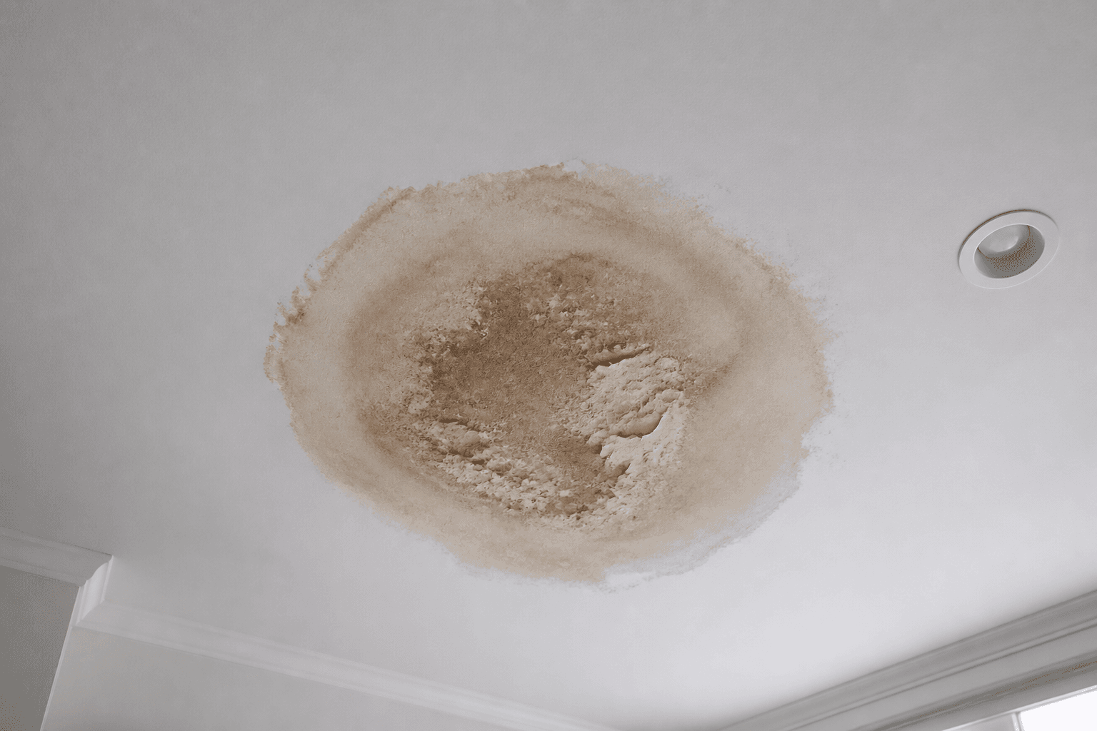 White drywall ceiling with a large brown water-stain ring and peeling paint in the center