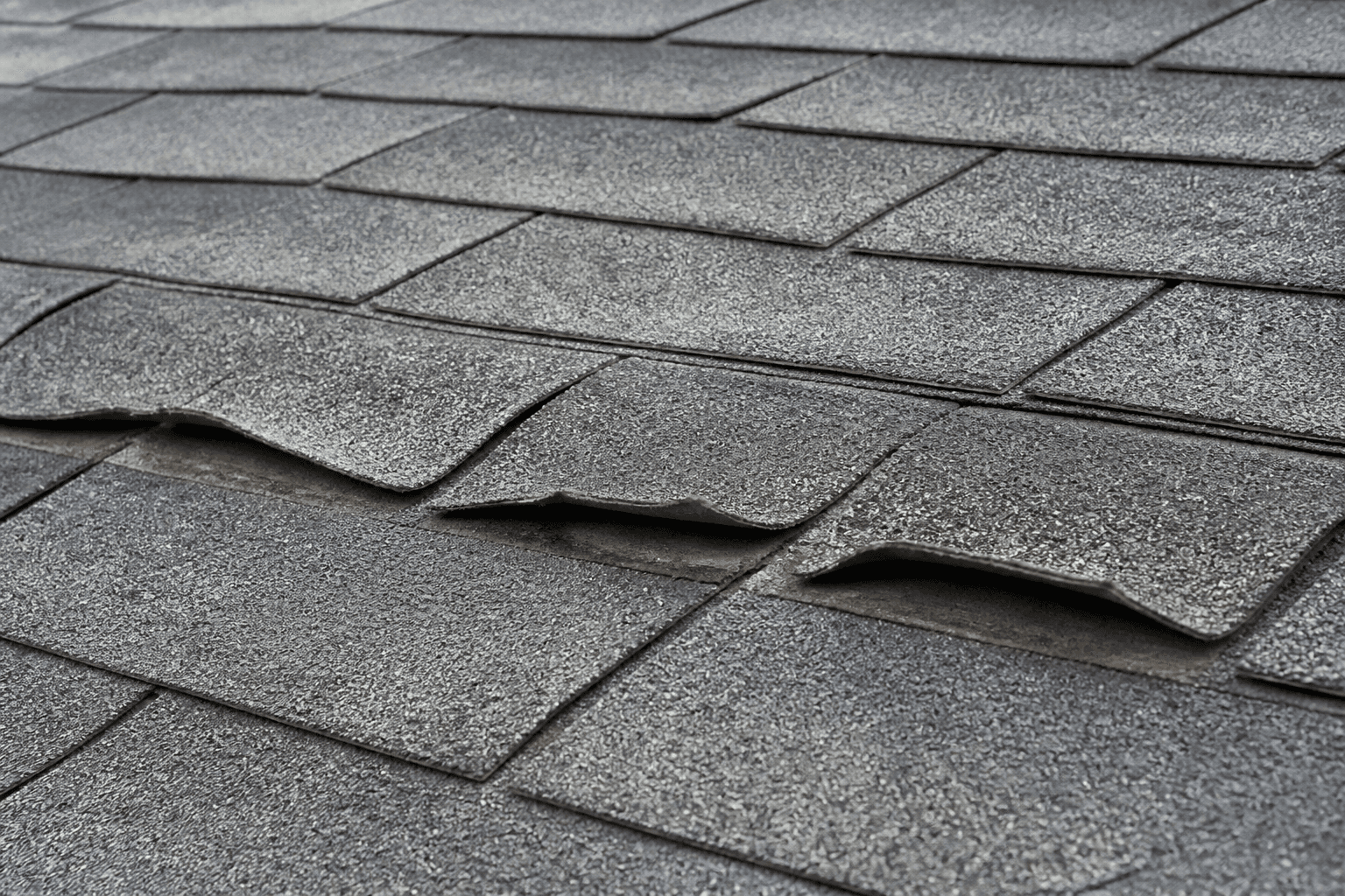 Aged charcoal architectural shingles with tabs curled and cupped upward at the leading edge in the center of the frame