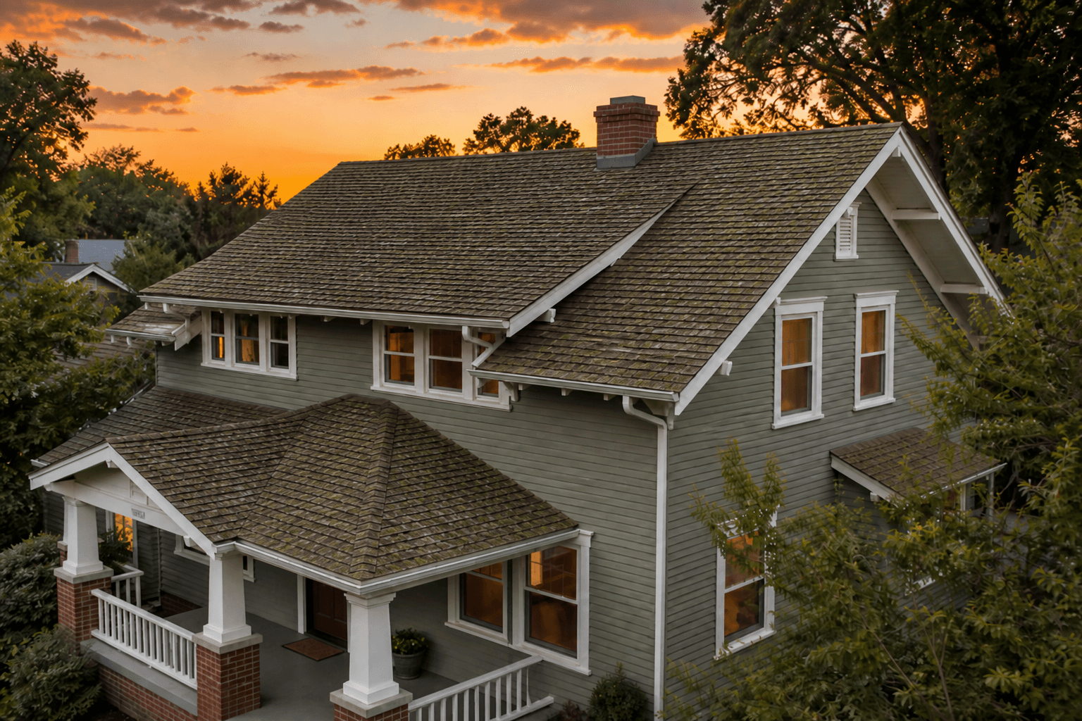Craftsman home with a mossy weathered roof