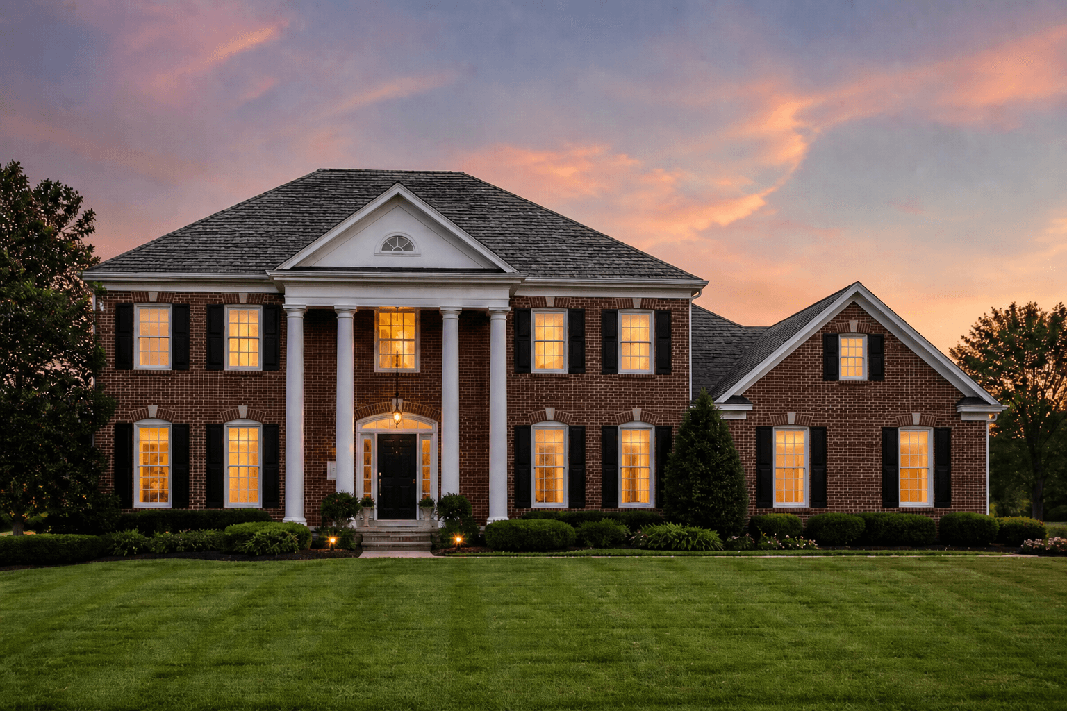 Brick colonial with a worn gray roof