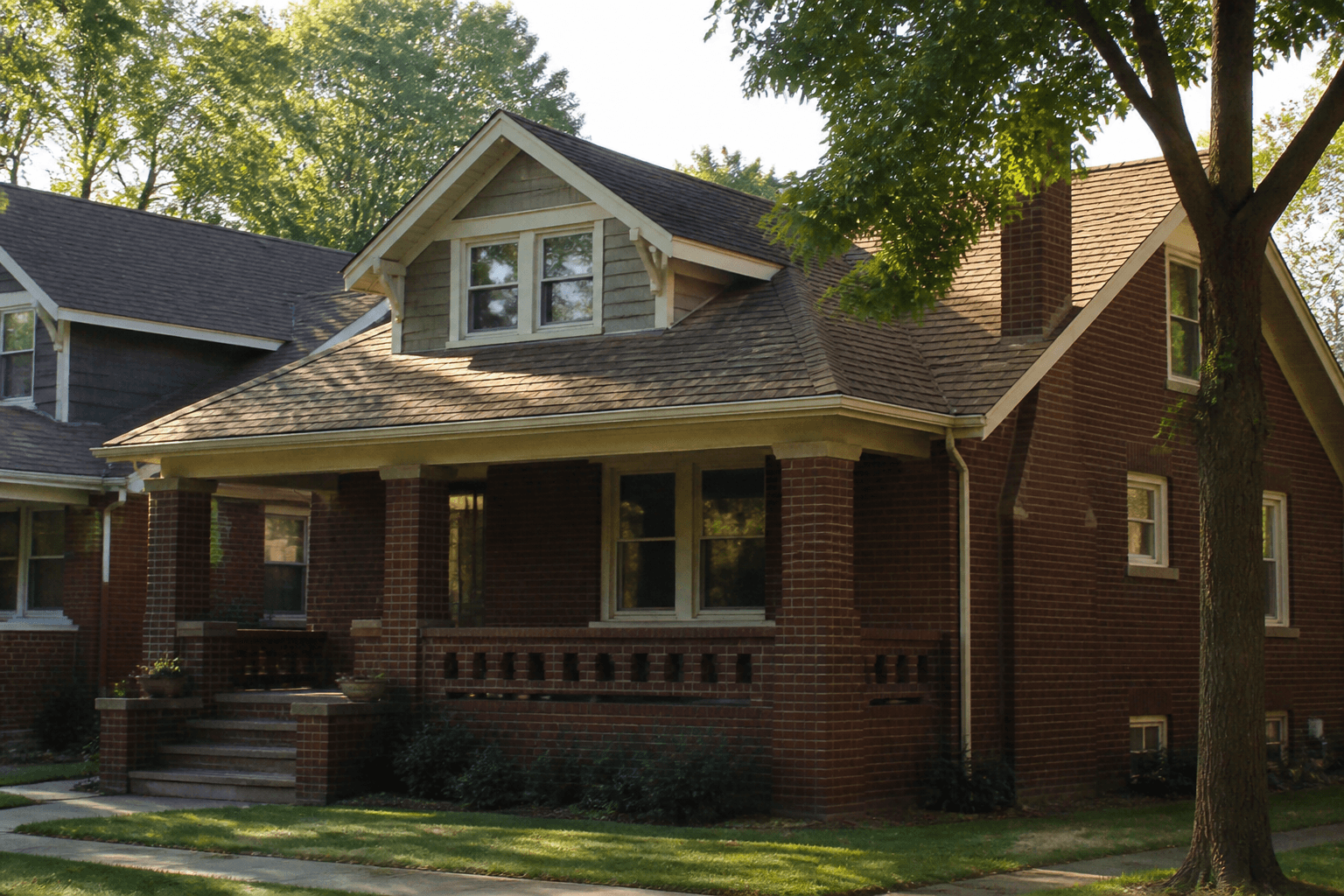 The same bungalow with a new brown roof