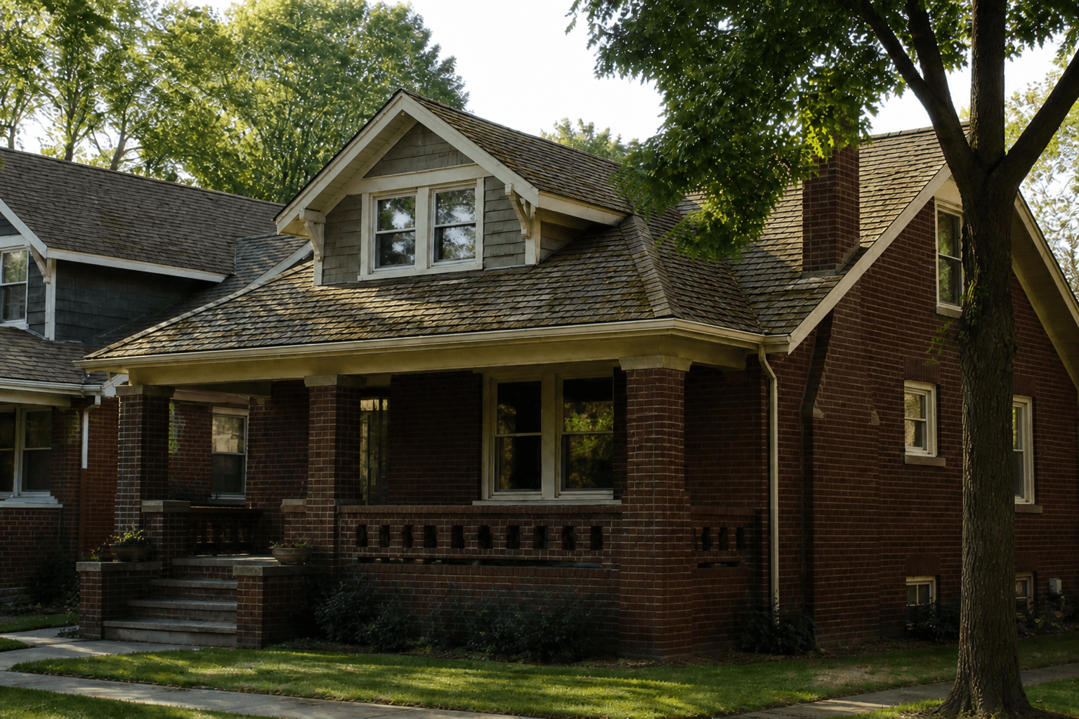 Brick bungalow with a worn mossy roof