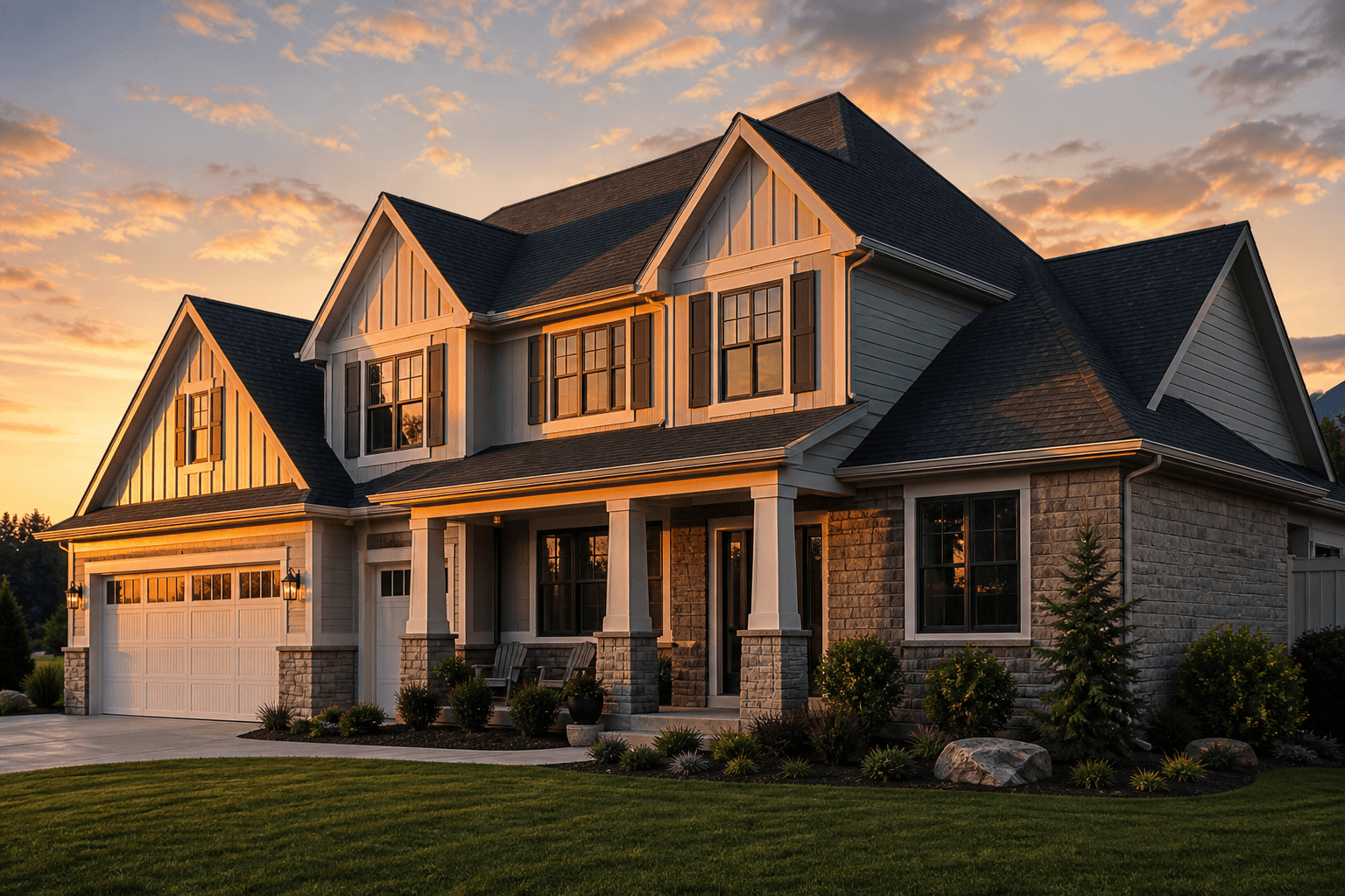 House with architectural shingle roof at dusk
