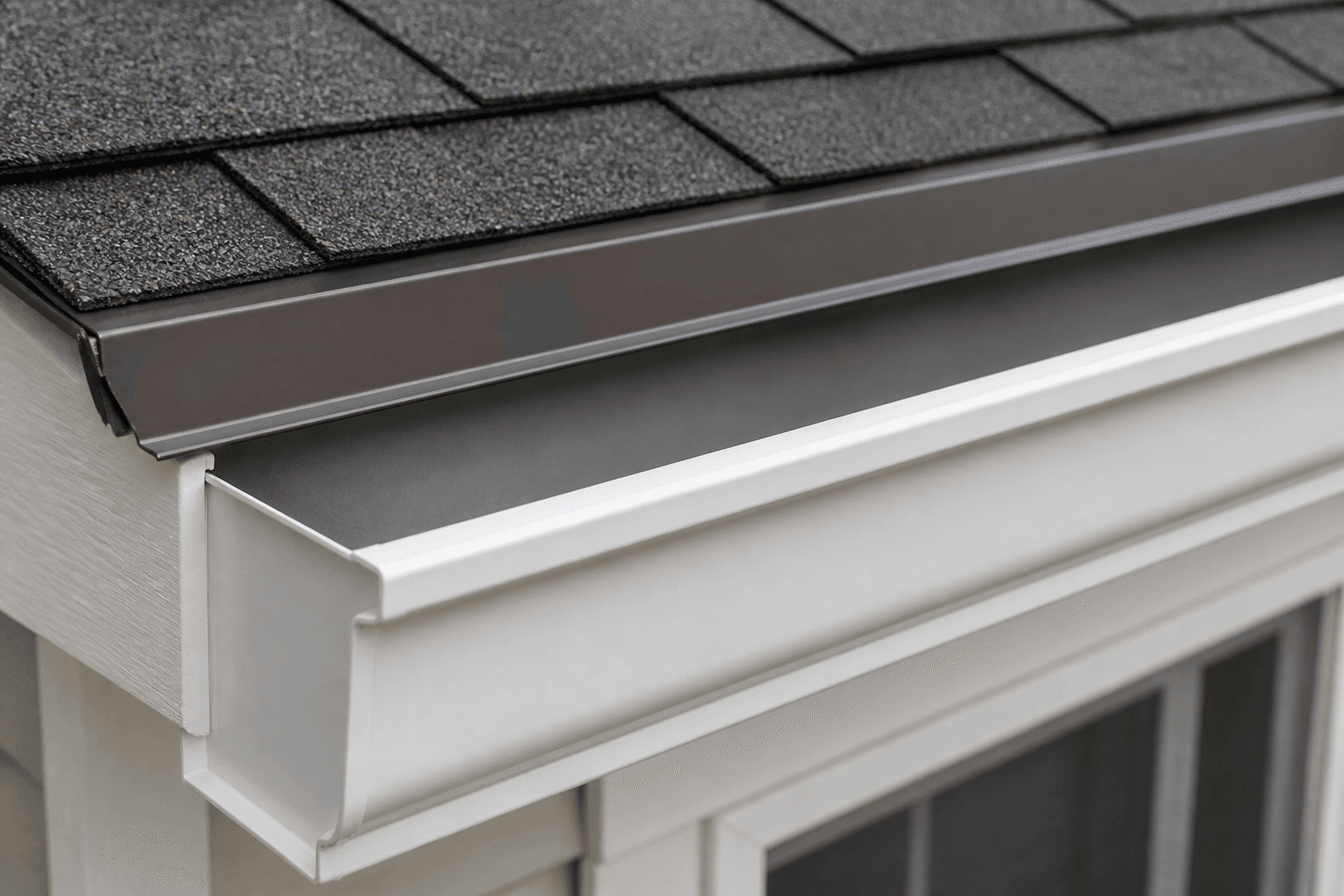 White K-style gutter under bronze drip edge and charcoal shingles