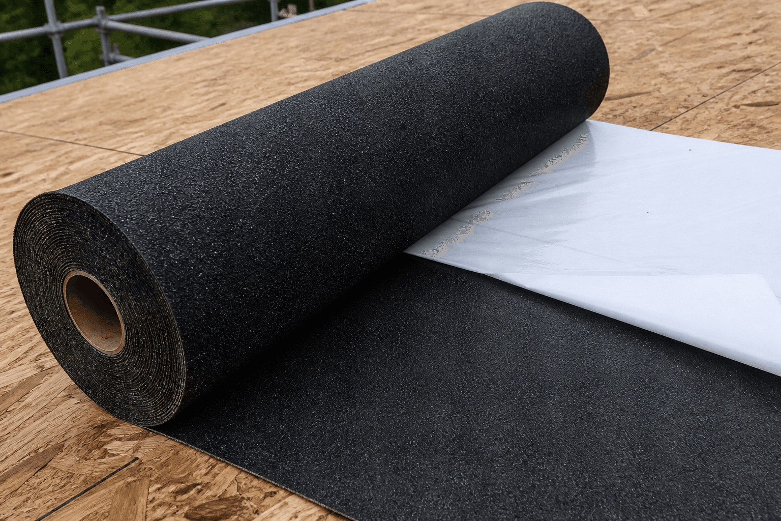 Black granular ice-and-water membrane rolled onto OSB with white release film peeling back