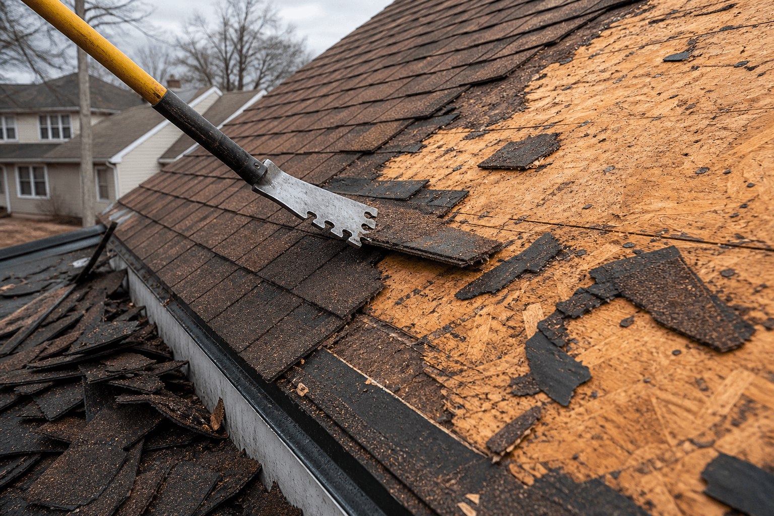 Old brown shingles stripped back, tan OSB deck showing, tear-off shovel under a course